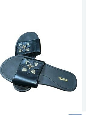 Michael Kors Black Slide Sandals with Gold Floral Detail